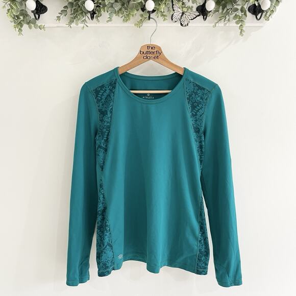Athleta Tops - Athleta queen lucious Teal Blue Floral Long Sleeve Stretchy Athletic Top Size M